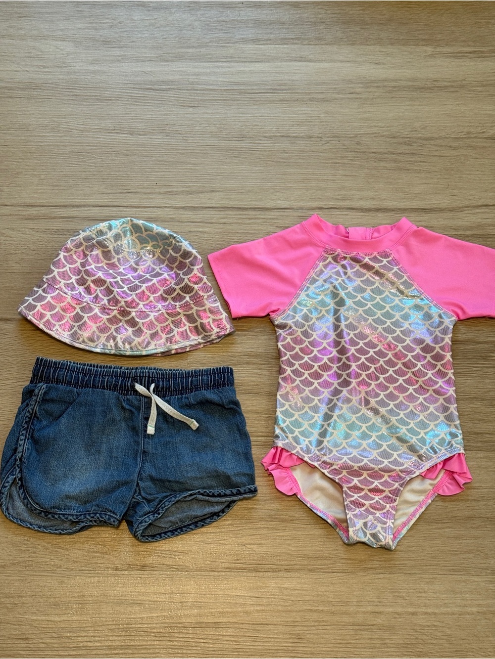 Pink Mermaid Swimsuit with Matching Hat and denim shorts